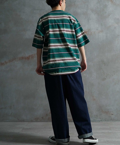 JOKER(ジョーカー)の「【JOKER】ビッグシルエット レトロ マルチボーダー ヘビーウェイト コットン 胸刺繍 春服 Tシャツ(Tシャツ/カットソー・メンズ・ホワイト/ブラック/グリーン・M/L)」の11枚目の写真