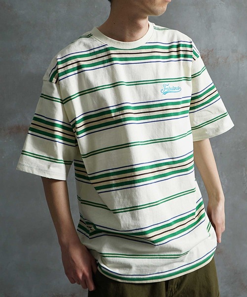 JOKER(ジョーカー)の「【JOKER】ビッグシルエット レトロ マルチボーダー ヘビーウェイト コットン 胸刺繍 春服 Tシャツ(Tシャツ/カットソー・メンズ・ホワイト/ブラック/グリーン・M/L)」の4枚目の写真