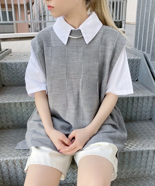 Figments(フィグメンツ)の「チェッカー編みニットベスト(ベスト・レディース・ブラック/グレー・FREE)」の9枚目の写真