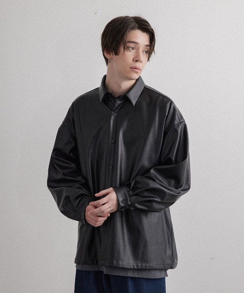 JUNRED(ジュンレッド)の「フェイクレザーバルーンシャツ(シャツ/ブラウス・メンズ・ブラック・S/M/L)」の4枚目の写真