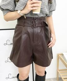 共ベルト付フェイクレザーキュロットパンツ