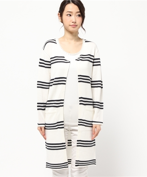 ROSE BUD（ローズバッド）の「(P.P)R9151-184MU LONG KNIT CARDIGAN（カーディガン/ボレロ・レディース・ホワイト×ネイビー/オフホワイト/トップグレー・ONE SIZE）」の4枚目の写真