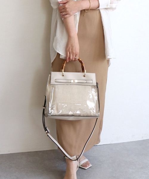 MIAN （ミアン）の「バンブーハンドル2wayクリアハンドバッグ（ハンドバッグ・レディース・ブラック/グレイッシュベージュ/カーキ/ブラウン・FREE）」の3枚目の写真