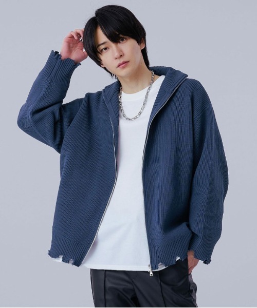 Ellno Loset(エルノロゼット)の「スポンディッシュダブルジップダメージカーディガン(カーディガン/ボレロ・メンズ・ブラック/アイボリー/ブルー/グリーン・MEDIUM/LARGE)」の4枚目の写真