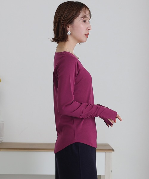 セール】Vネック指空きTシャツ 長袖（Tシャツ/カットソー）｜ElegChic