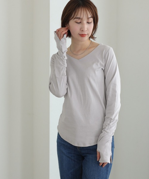 セール】Vネック指空きTシャツ 長袖（Tシャツ/カットソー）｜ElegChic