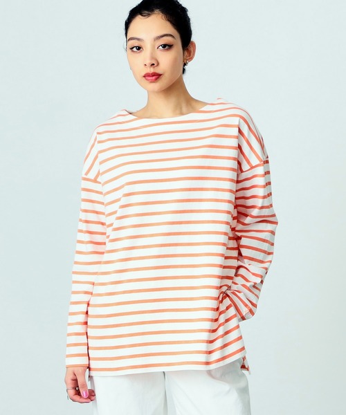 SOMETHING(サムシング)の「SOMETHING バスクシャツ/長袖ボーダーカットソー(Tシャツ/カットソー・レディース・グリーン/オレンジ/ブルー/ピンク/ブラック・FREE)」の5枚目の写真