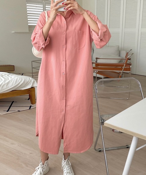 fd style（エフディ スタイル）の「ロング ソフト デニムシャツ ワンピース（シャツワンピース・レディース・Beige/Kelly/PINK/Cream・FREE）」の4枚目の写真