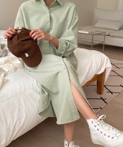 fd style（エフディ スタイル）の「ロング ソフト デニムシャツ ワンピース（シャツワンピース・レディース・Beige/Kelly/PINK/Cream・FREE）」の6枚目の写真