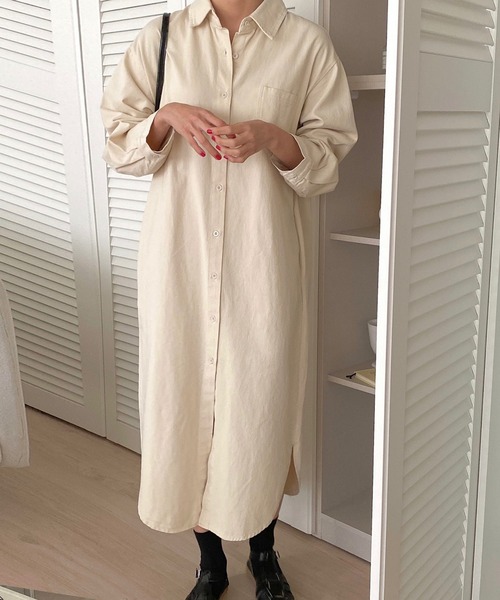 fd style（エフディ スタイル）の「ロング ソフト デニムシャツ ワンピース（シャツワンピース・レディース・Beige/Kelly/PINK/Cream・FREE）」の10枚目の写真
