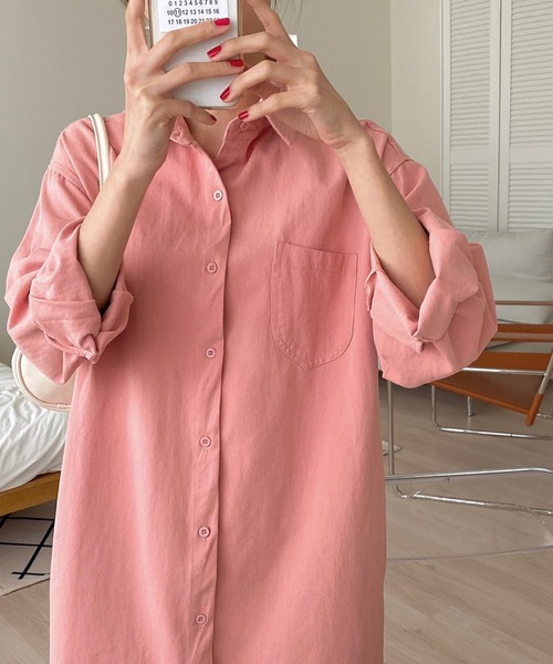 fd style（エフディ スタイル）の「ロング ソフト デニムシャツ ワンピース（シャツワンピース・レディース・Beige/Kelly/PINK/Cream・FREE）」の11枚目の写真