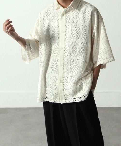 NILWAY(ニルウェイ)の「ルーズシルエット レース シアーシャツ/レース シアー ルーズ ハーフスリーブ 半袖 シャツ(シャツ/ブラウス・メンズ・ブラック/アイボリー・MEDIUM/LARGE)」の15枚目の写真