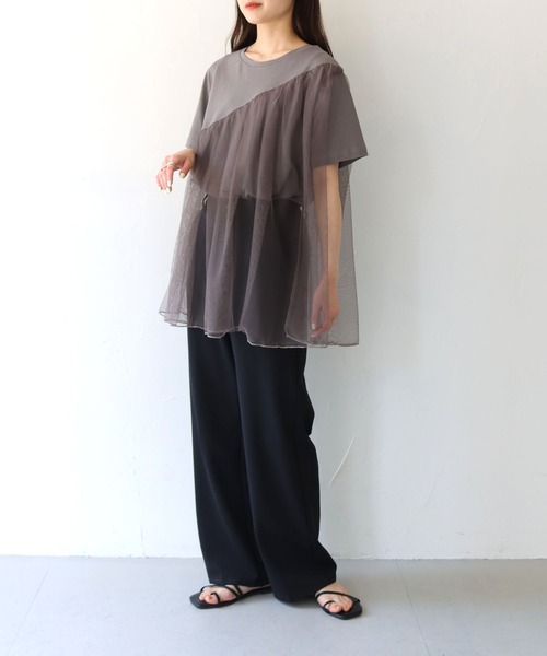 vingtrois(バントロア)の「【vingtrois】チュール切り替えトップス(Tシャツ/カットソー・レディース・ブラック/キナリ/ダークグレー・M)」の3枚目の写真
