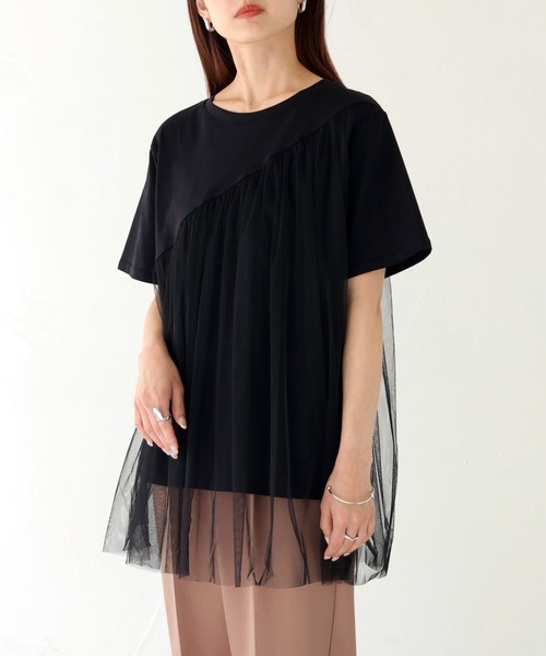 vingtrois(バントロア)の「【vingtrois】チュール切り替えトップス(Tシャツ/カットソー・レディース・ブラック/キナリ/ダークグレー・M)」の2枚目の写真