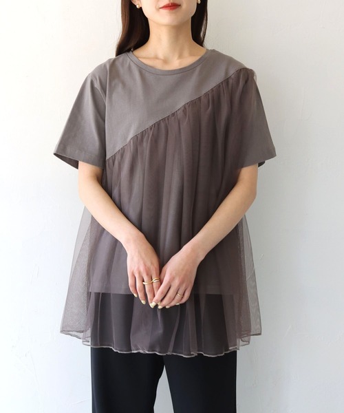 vingtrois(バントロア)の「【vingtrois】チュール切り替えトップス(Tシャツ/カットソー・レディース・ブラック/キナリ/ダークグレー・M)」の6枚目の写真