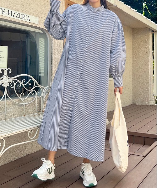 ad thie(アドティエ)の「バルーンスリーブバンドカラーシャツワンピース 無地ストライプ(シャツワンピース・レディース・ホワイト×ピンク/ホワイト×ブラック/オフホワイト/ブラック/ホワイト×パープル/ホワイト×ブルー/グレー/ベージュ/ホワイト×イエロー/ホワイト×ネイビー/ホワイト×グリーン/カーキ・FREE)」の22枚目の写真