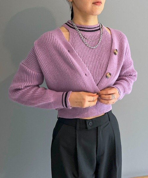 Jewelobe(ジュエローブ)の「ショートカーデ×アメスリタンク ダブルラインアンサンブル(アンサンブル・レディース・アイボリー/カーキ/ブラック/パープル・FREE)」の1枚目の写真