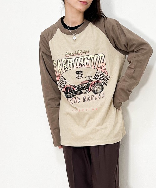 Ritzy(リッツィー)の「16/天竺ラグラン 切り替えプリント Tシャツ(CARBURETOR) レディース メンズ(Tシャツ/カットソー・メンズ・アッシュ/ホワイト/ベージュ・X-LARGE/LARGE/MEDIUM)」の3枚目の写真
