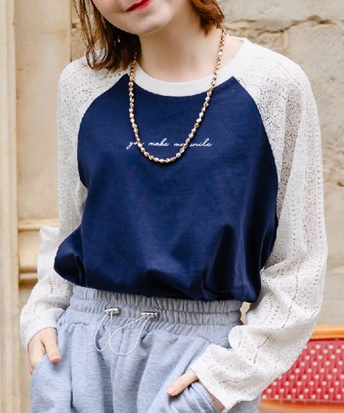 RETRO GIRL(レトロガール)の「袖レースラグランロンTEE(Tシャツ/カットソー・レディース・ライトグレー/ダークブルー/オフホワイト・FREE)」の3枚目の写真
