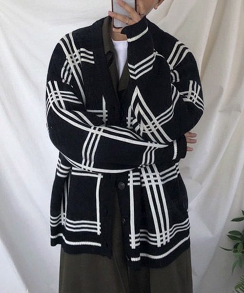 【NOWLE】 V‑neck check knit cardigan
