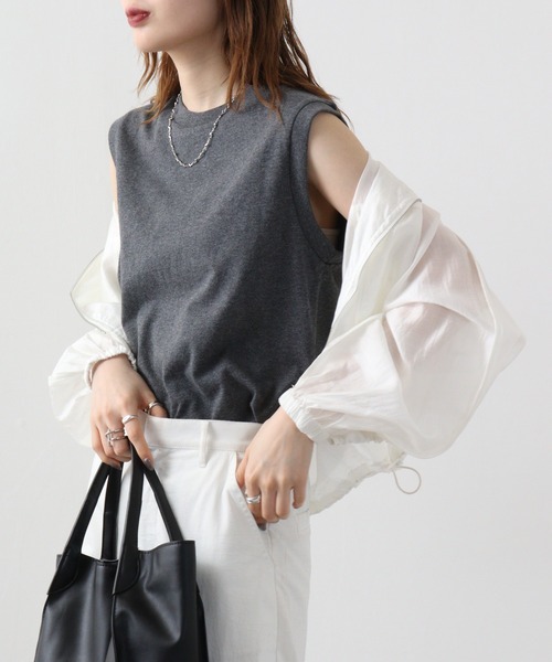 JEMORGAN（ジェーイーモーガン）の「JEMORGAN 天竺 刺繍入りノースリーブ（タンクトップ・レディース・ブラック/チャコール/ベージュ/ホワイト・F）」の10枚目の写真