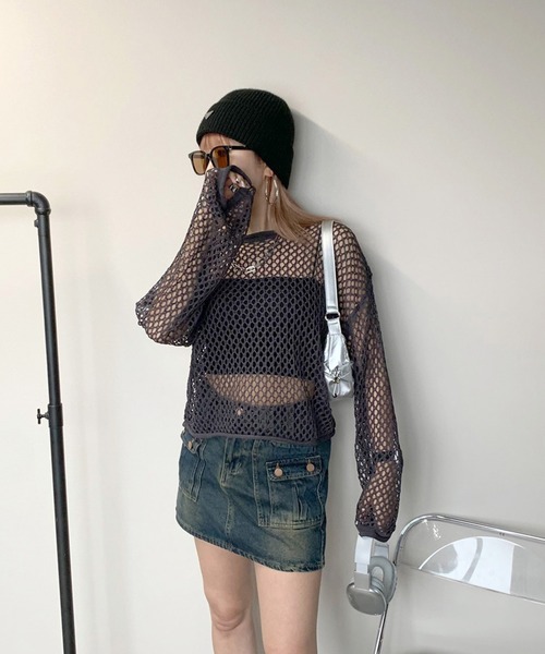 non-hedge(ノンヘッジ)の「透かし編みニットトップス(ニット/セーター・レディース・ブラウン/オフホワイト/チャコールグレー/ブラック・FREE)」の6枚目の写真