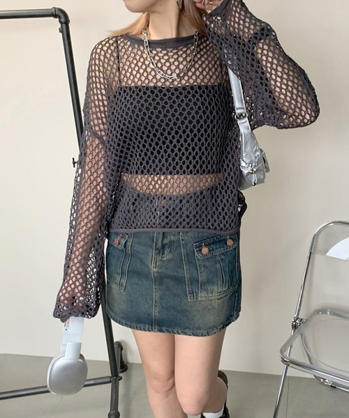 non-hedge(ノンヘッジ)の「透かし編みニットトップス(ニット/セーター・レディース・ブラウン/オフホワイト/チャコールグレー/ブラック・FREE)」の8枚目の写真