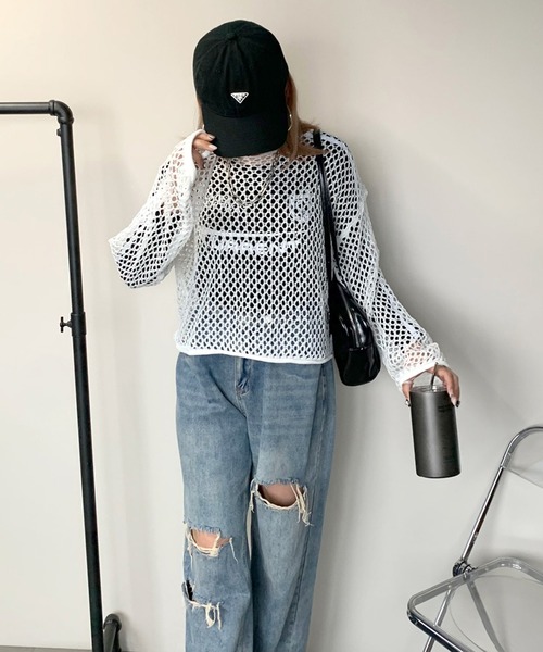 non-hedge(ノンヘッジ)の「透かし編みニットトップス(ニット/セーター・レディース・ブラウン/オフホワイト/チャコールグレー/ブラック・FREE)」の11枚目の写真