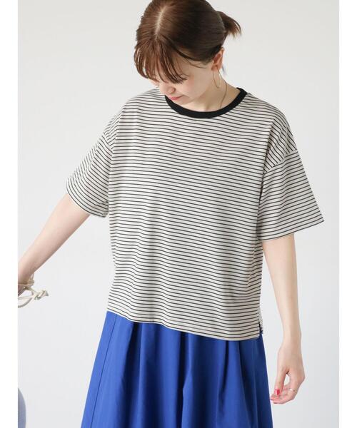 Lugnoncure（ルノンキュール）の「【接触冷感】細ボーダーTシャツ（Tシャツ/カットソー・レディース・ブラック/ベージュ/オフホワイト・F）」の3枚目の写真