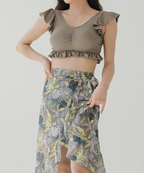 3点セット】 パレオ付き ボタニカル柄 Vネック フリル ビキニ（水着