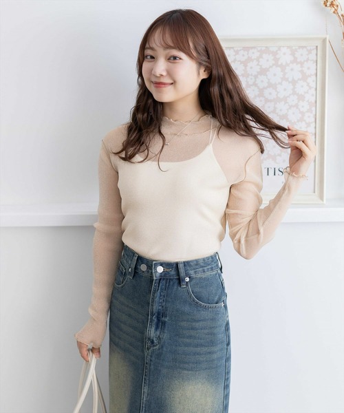 clear（クリア）の「ラメシアートップス [着回し万能 肌触り柔らか ストレッチ性]≪2024AW新作≫（Tシャツ/カットソー・レディース・オフホワイト/ライトグレー/ライトベージュ/サックスブルー・F）」の5枚目の写真