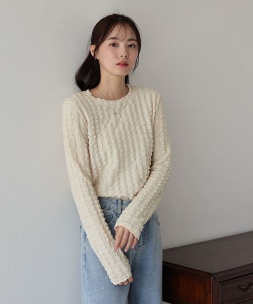 BLUEEAST(ブルーイースト)の「ポコポコジャガード ロンT(Tシャツ/カットソー・レディース・ブラック/オフホワイト/ベージュ/ピンク・MEDIUM)」の19枚目の写真