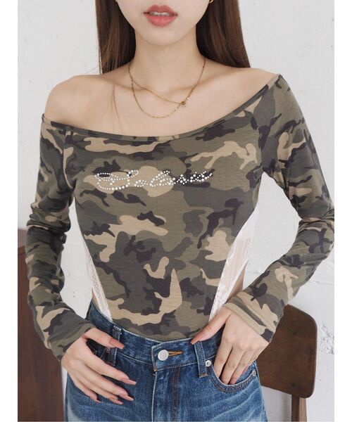 EVRIS ラインストーンロゴオフショルボディスーツ セール】ラインストーンロゴオフショルボディースーツ（Tシャツ