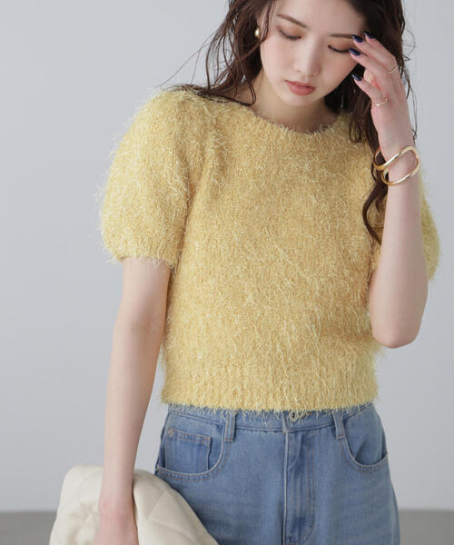 FREE'S MART(フリーズマート)の「◇フェザーパフスリーブ半袖ニット(ニット/セーター・レディース・ホワイト/レッド/イエロー/グレー・FREE)」の4枚目の写真