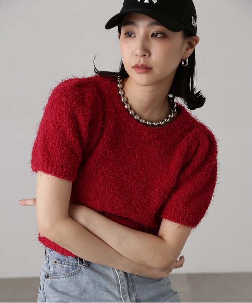 FREE'S MART(フリーズマート)の「◇フェザーパフスリーブ半袖ニット(ニット/セーター・レディース・ホワイト/レッド/イエロー/グレー・FREE)」の1枚目の写真