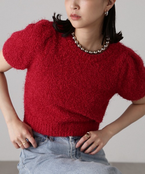 FREE'S MART(フリーズマート)の「◇フェザーパフスリーブ半袖ニット(ニット/セーター・レディース・ホワイト/レッド/イエロー/グレー・FREE)」の6枚目の写真