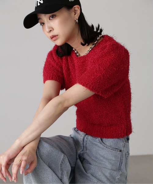 FREE'S MART(フリーズマート)の「◇フェザーパフスリーブ半袖ニット(ニット/セーター・レディース・ホワイト/レッド/イエロー/グレー・FREE)」の8枚目の写真