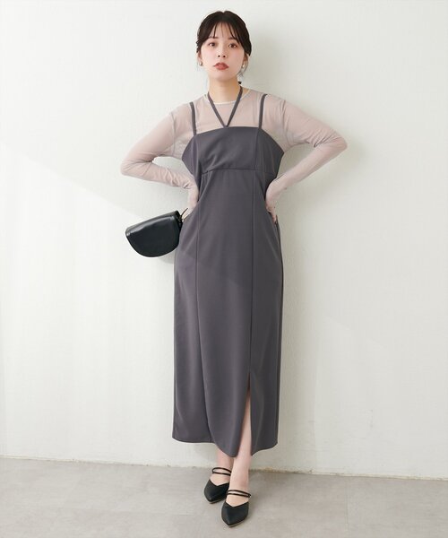 natural couture（ナチュラルクチュール）の「カットジョーゼットペンシルキャミワンピース（ワンピース・レディース・グレイッシュベージュ/ブラック/グレー・FREE）」の16枚目の写真