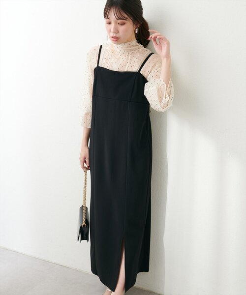 natural couture（ナチュラルクチュール）の「カットジョーゼットペンシルキャミワンピース（ワンピース・レディース・グレイッシュベージュ/ブラック/グレー・FREE）」の4枚目の写真