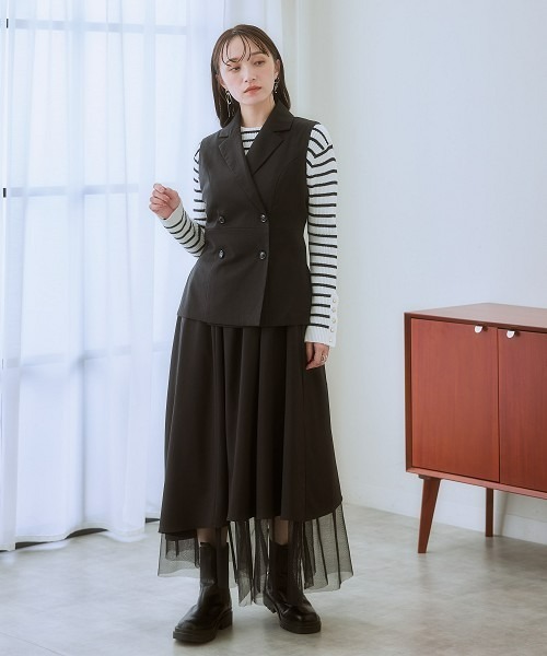 nissen（ニッセン）の「アシンメトリーチュール使いスカート（セットアップ対応）（スカート・レディース・ブラック/ベージュ系・LL/L/M/S）」の4枚目の写真