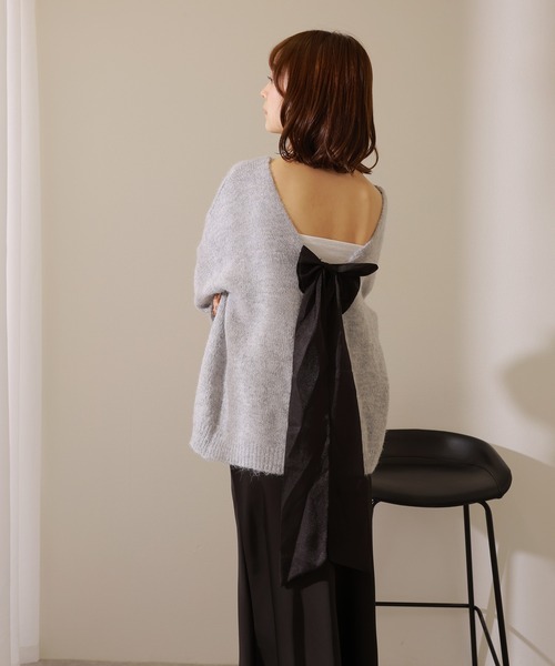 back ribbon knit pullover /バックリボン ボリュームスリーブ ニット