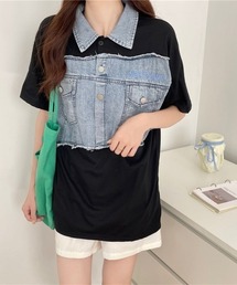 デニム切替えり付きトップス