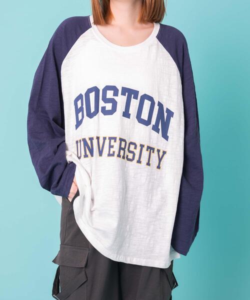 WOND(ウォンド)の「WOND/BOSTONロゴロンT(Tシャツ/カットソー・レディース・ネイビー/グレー・FREE)」の1枚目の写真