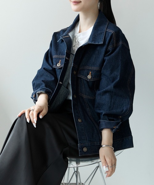 PREFERIR（プレフェリール）の「ゆるっと 大きめサイズ  デニムジャケット/Gジャン(M,L)2サイズ（デニムジャケット・レディース・ネイビー/ブルー・MEDIUM/LARGE）」の3枚目の写真