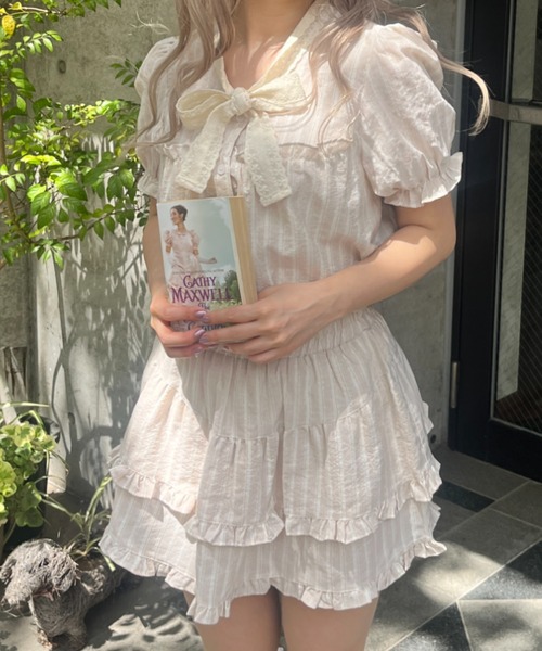 MORE self LOVE（モアセルフラブ）の「レースリボンストライプSETUP（セットアップ・レディース・ブラック/ベージュ/ピンク・FREE）」の3枚目の写真