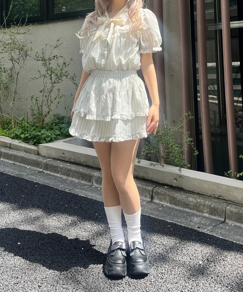 MORE self LOVE（モアセルフラブ）の「レースリボンストライプSETUP（セットアップ・レディース・ブラック/ベージュ/ピンク・FREE）」の6枚目の写真
