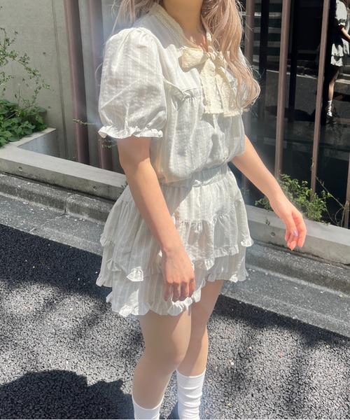 MORE self LOVE（モアセルフラブ）の「レースリボンストライプSETUP（セットアップ・レディース・ブラック/ベージュ/ピンク・FREE）」の7枚目の写真