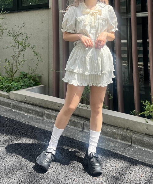 MORE self LOVE（モアセルフラブ）の「レースリボンストライプSETUP（セットアップ・レディース・ブラック/ベージュ/ピンク・FREE）」の9枚目の写真