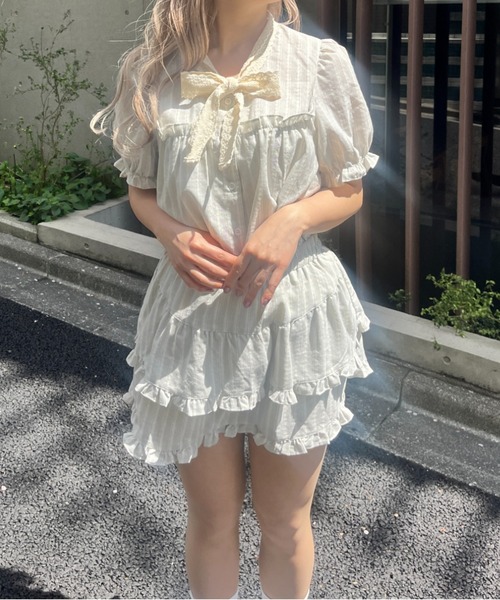 MORE self LOVE（モアセルフラブ）の「レースリボンストライプSETUP（セットアップ・レディース・ブラック/ベージュ/ピンク・FREE）」の18枚目の写真