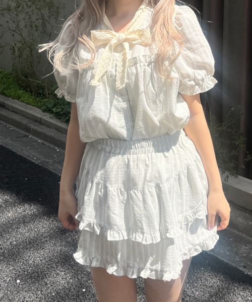 MORE self LOVE（モアセルフラブ）の「レースリボンストライプSETUP（セットアップ・レディース・ブラック/ベージュ/ピンク・FREE）」の19枚目の写真
